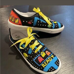 Hand painted pac man Time and Tru Black Sneakers with Yellow Laces